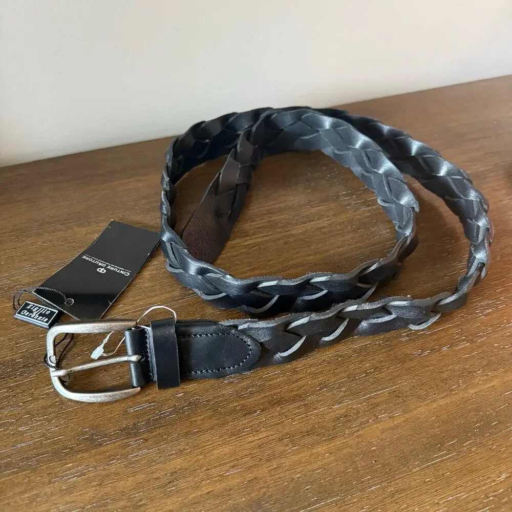 Cinture D’Autore Men’s Black Genuine Leather Woven Belt- Size 42‎